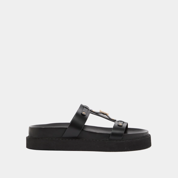 Platform sandals in black glazed leather | LUANA