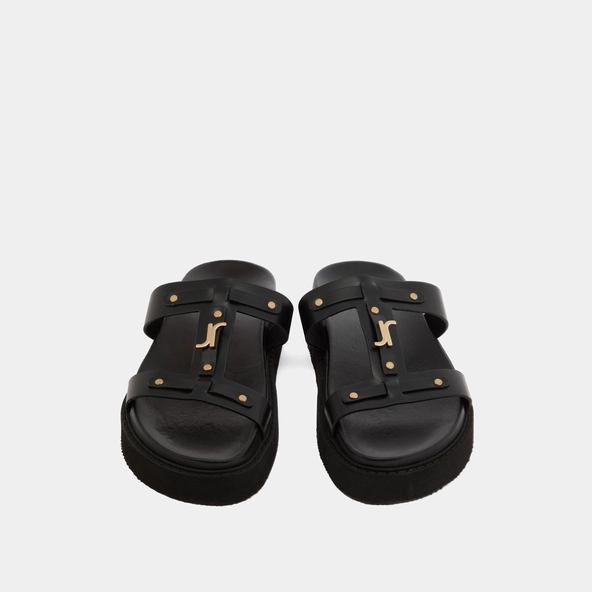 Platform sandals in black glazed leather | LUANA