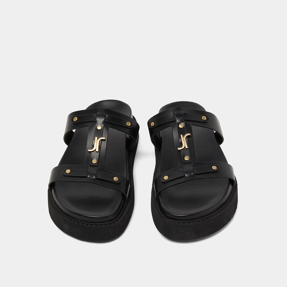 Platform sandals in black glazed leather | LUANA