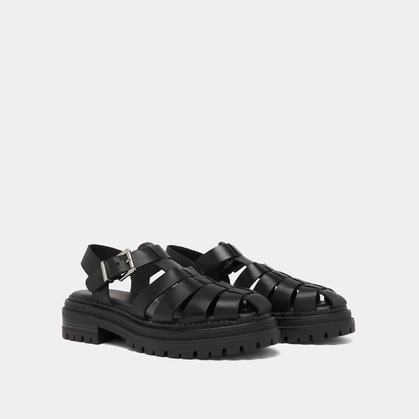 Platform sandals with wide straps in black leather | ABRAHAM