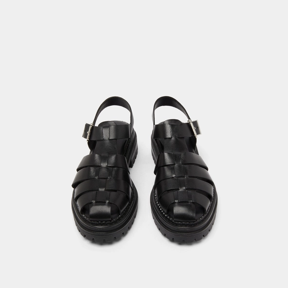 Platform sandals with wide straps in black leather | ABRAHAM