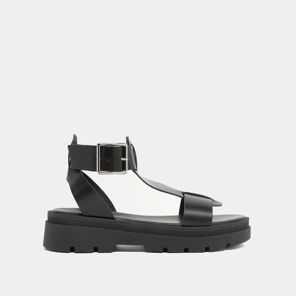 Platform sandals with thick straps in black glazed leather | LILLE