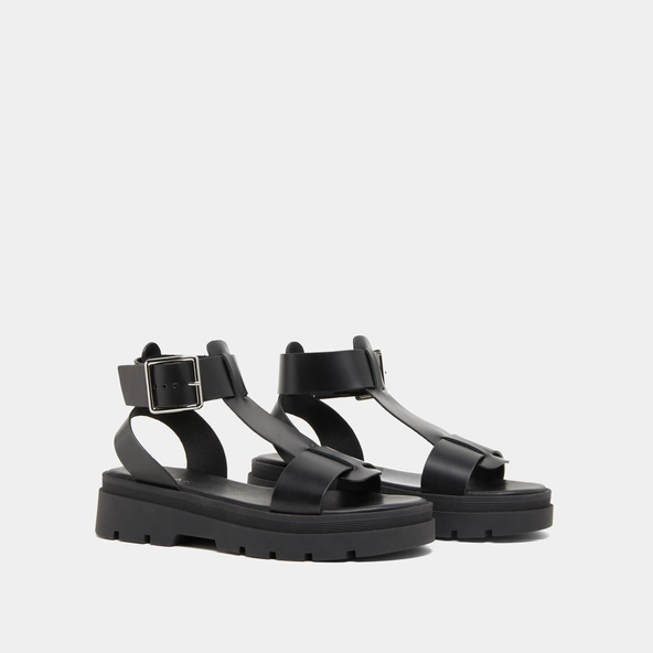 Platform sandals with thick straps in black glazed leather | LILLE