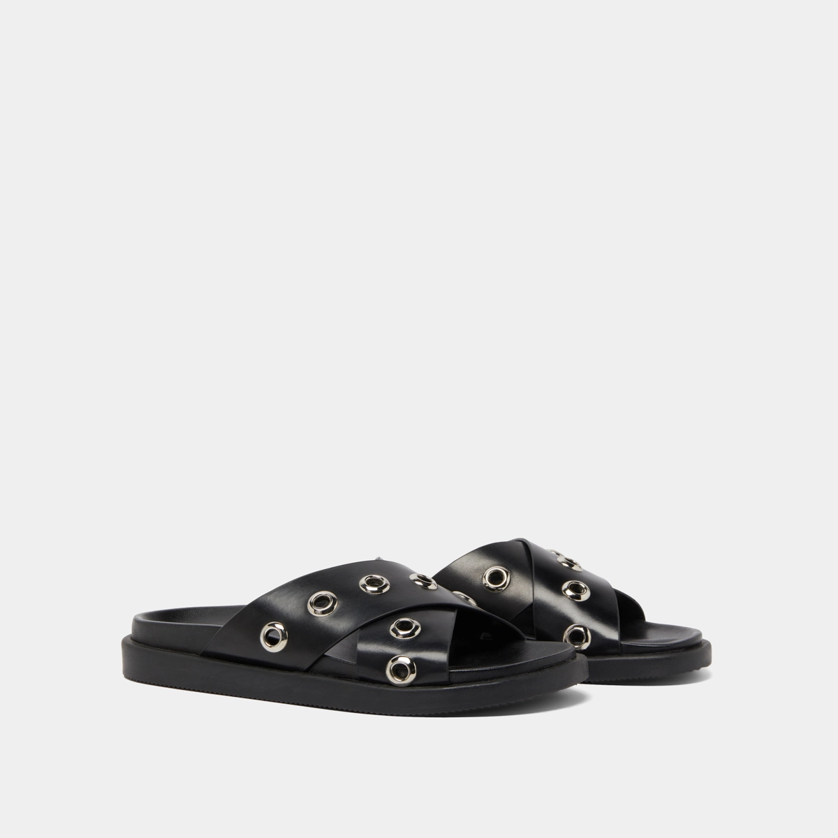 Open-toe mules with silver details in black leather | WYOMING