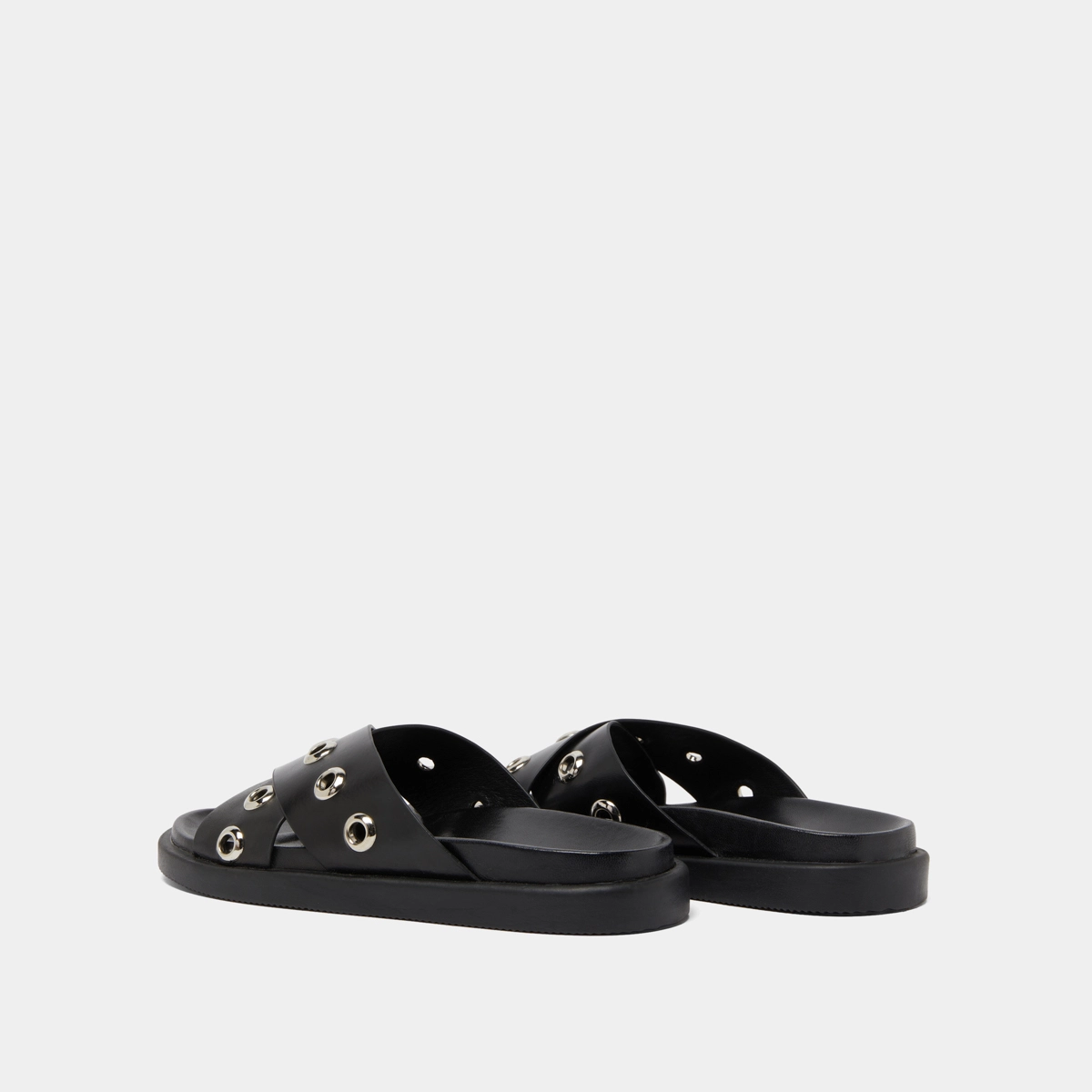 Open-toe mules with silver details in black leather | WYOMING