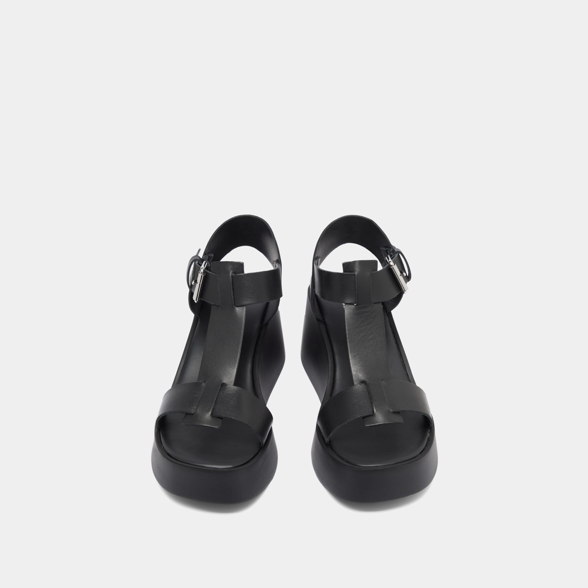 Wedge sandals with adjustable buckles in black leather | ESTELLE