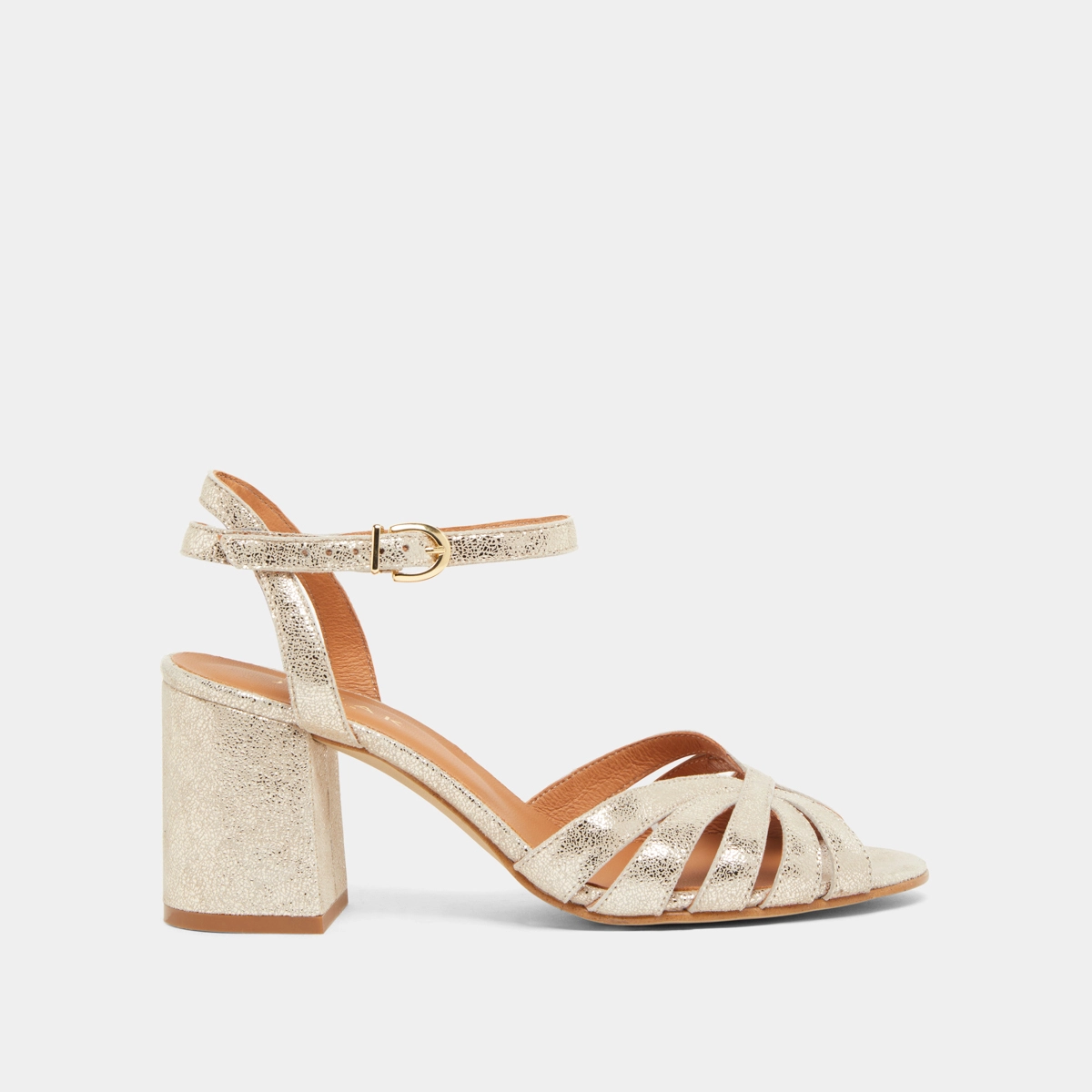 Strappy sandals with open toe in platinum laminated velvet | DEBACQ