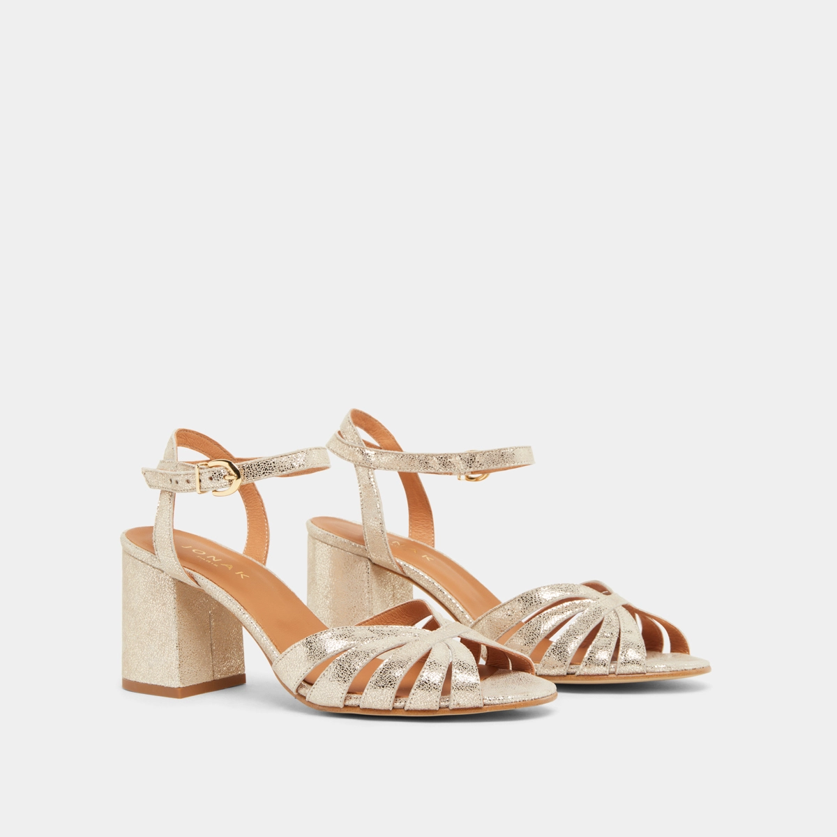 Strappy sandals with open toe in platinum laminated velvet | DEBACQ