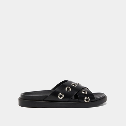 Open-toe mules with silver details in black leather | wyoming