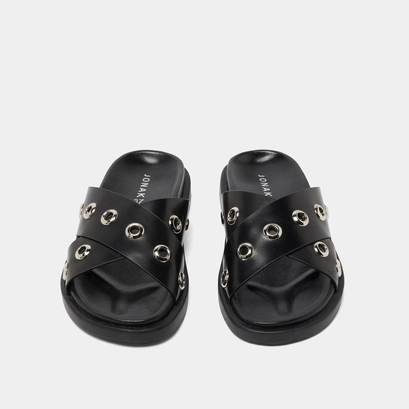 Open-toe mules with silver details in black leather | wyoming