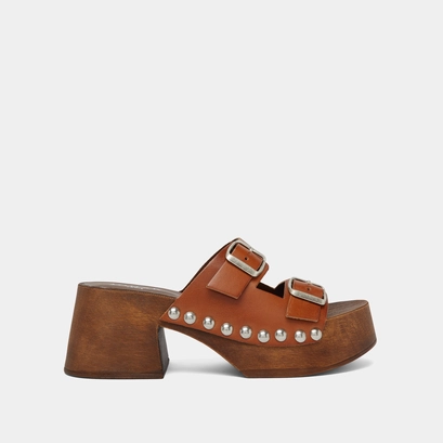 Platform mules with open toes in cognac leather | ELLA