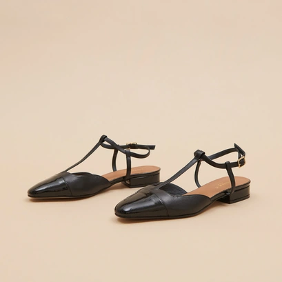 Ballet flats with adjustable buckles in black leather and patent | DHAPUS