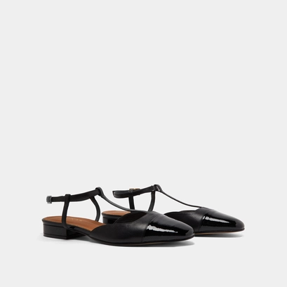 Ballet flats with adjustable buckles in black leather and patent | DHAPUS