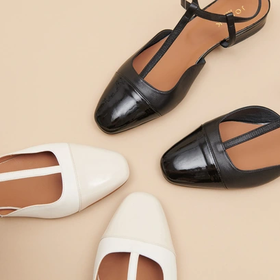 Ballet flats with adjustable buckles in black leather and patent | DHAPUS