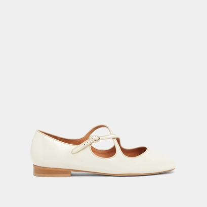 Ballet flats with crossed straps in ecru patent and ecru leather | ducky