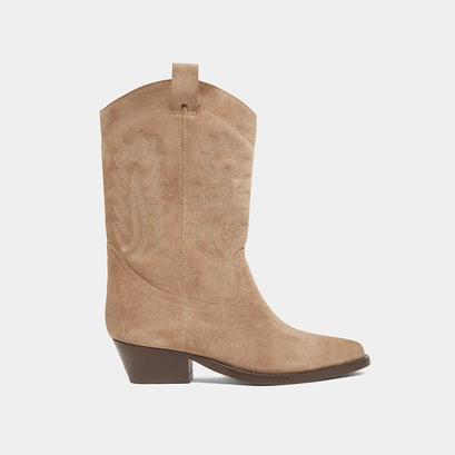 Boots with bevelled heels in taupe suede | DONATELLA