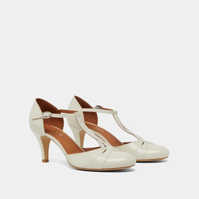 Heeled Mary Janes and adjustable buckles in ecru distressed leather | VERMEIL
