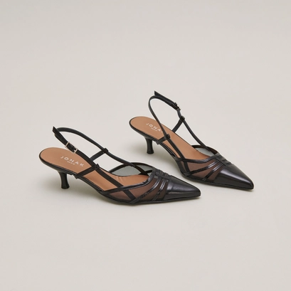 Heeled pumps in shiny black leather and mesh | DAMOISEAU