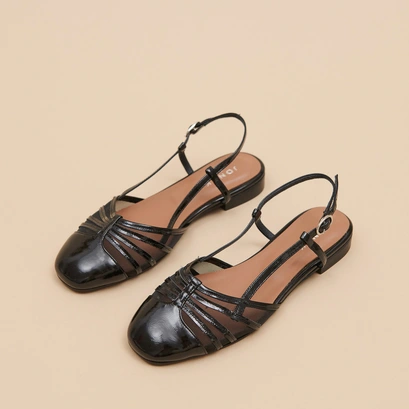 Ballet flats with open backs in black pleated patent and mesh | DESIRE