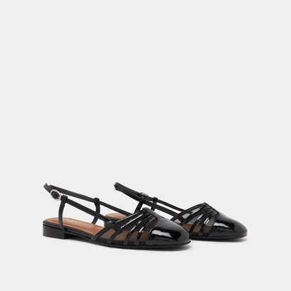 Ballet flats with open backs in black pleated patent and mesh | DESIRE