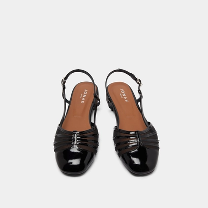 Ballet flats with open backs in black pleated patent and mesh | DESIRE