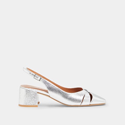 Square-toe babies in silver cracked leather