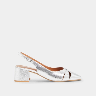 Square-toe ballet flats in silver cracked leather | DISTEL