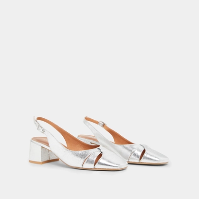 Square-toe ballet flats in silver cracked leather | DISTEL