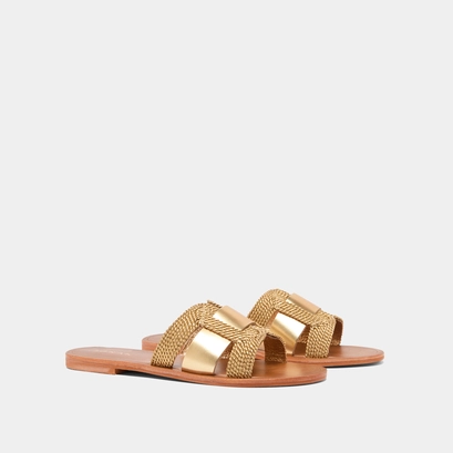 Flat sandals with wide straps in gold rope and gold leather | wilou