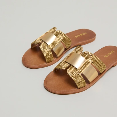 Flat sandals with wide straps in gold rope and gold leather | wilou