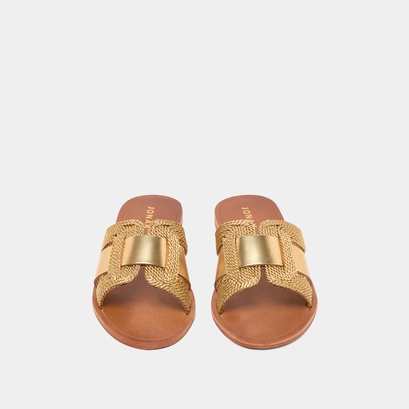Flat sandals with wide straps in gold rope and gold leather | wilou