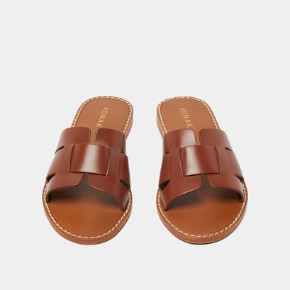 Flat sandals with wide straps in cognac leather | WILOU