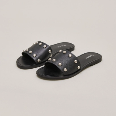 Mules with silver details in black grained leather | winslow