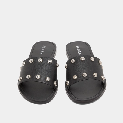 Mules with silver details in black grained leather | winslow