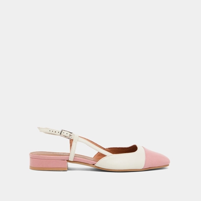 Open back ballet flats in ecru leather and pink pleated patent | DHAPOU