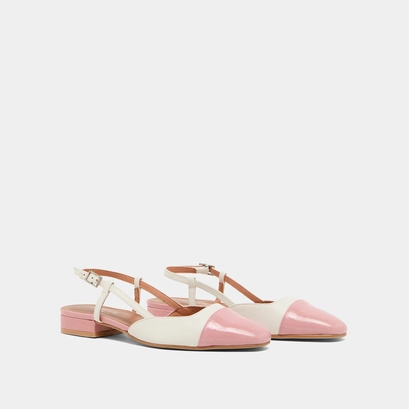 Open back ballet flats in ecru leather and pink pleated patent | DHAPOU
