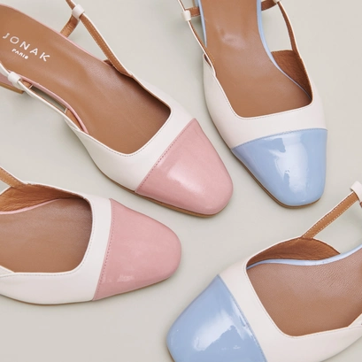 Open back ballet flats in ecru leather and pink pleated patent | DHAPOU