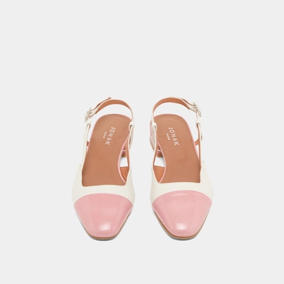 Open back ballet flats in ecru leather and pink pleated patent | DHAPOU