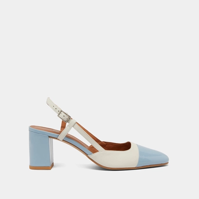 Babies with heels in ecru leather and sky blue patent | DHAPOP
