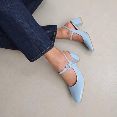 Heeled Mary-Jane in sky blue patent | DOLLAR