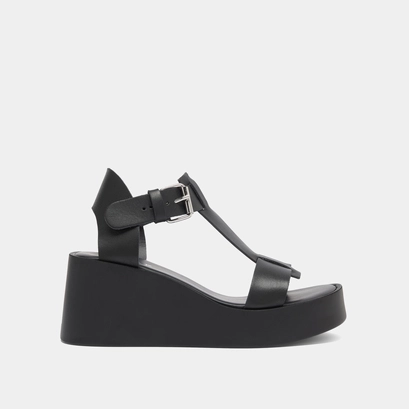 Wedge sandals with adjustable buckles in black leather | estelle