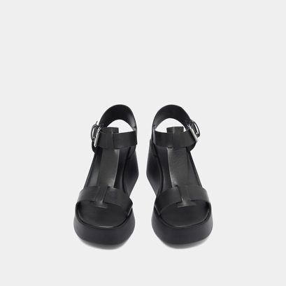 Wedge sandals with adjustable buckles in black leather | estelle