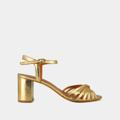 Sandals with heels and open toes in gold metallic leather | VIPSY