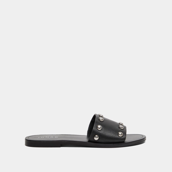 Mules with silver details in black grained leather | WINSLOW