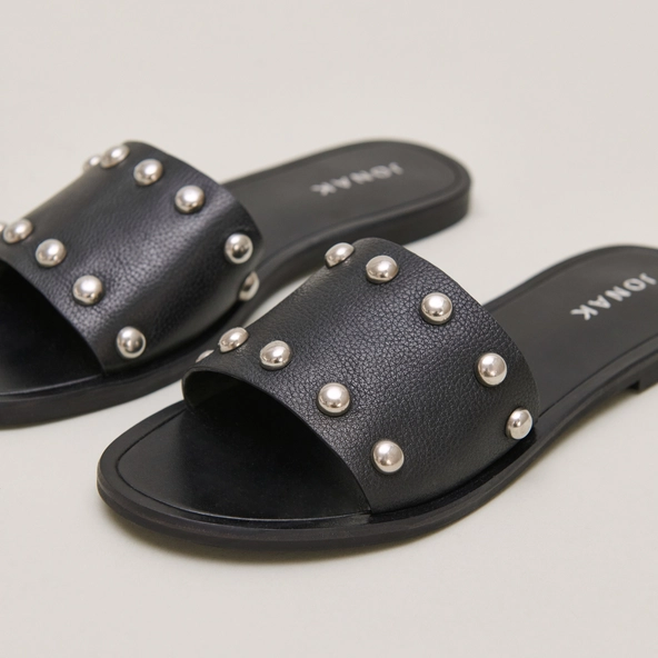 Mules with silver details in black grained leather | WINSLOW