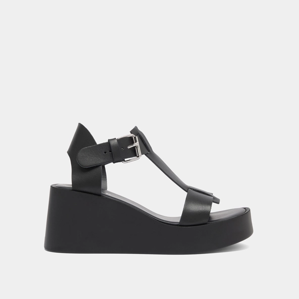 Wedge sandals with adjustable buckles in black leather | ESTELLE
