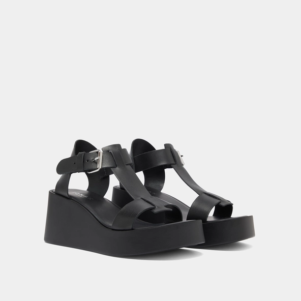Wedge sandals with adjustable buckles in black leather | ESTELLE