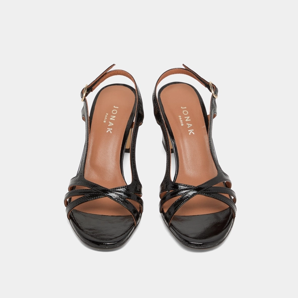 High-heeled sandals in black shiny leather | VAIANA