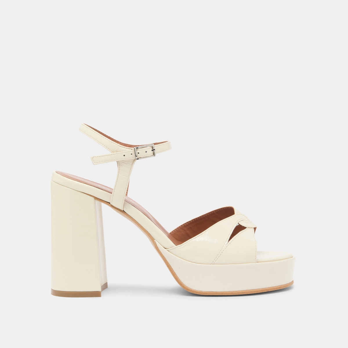 Platform sandals and high heels in ecru shiny leather | JUSTINE