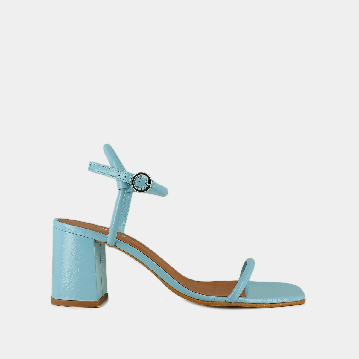 Sandals with thin straps in sky blue pleated patent | VEDETTE